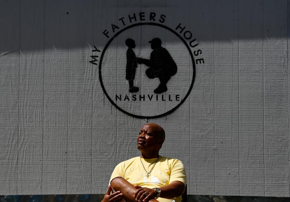Thomas Gooch sits in front of his sober living shed in Bordeaux where he helps addicted dads reconnect with their families on Wednesday, August 24, 2022, in Nashville, Tenn.