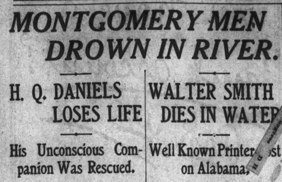 Headlines in the Montgomery Advertiser on Sunday, April 12, 1908, after separate drownings on the Alabama River.