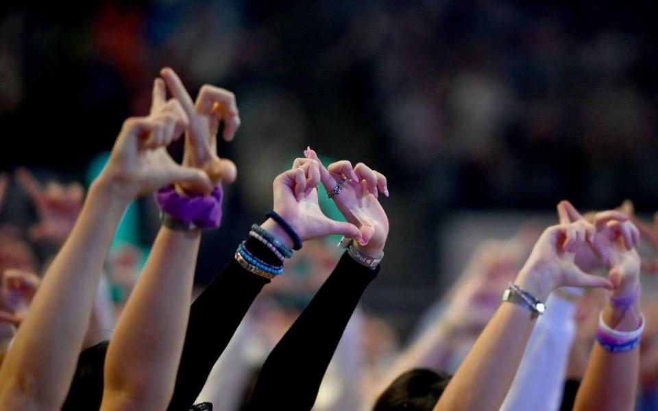 The crowd learns the line dance for the Penn State IFC/Panhellenic Dance Marathon on Friday, Feb. 16, 2024 at the Bryce Jordan Center. The line dance is performed once an hour through the 46 hours.  