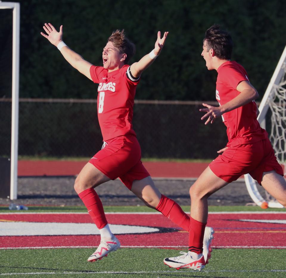 Somers' Brady Leitner celebrates his game-winning goal during a game with Yorktown at Somers Sept. 27, 2023. Somers won 2-1.