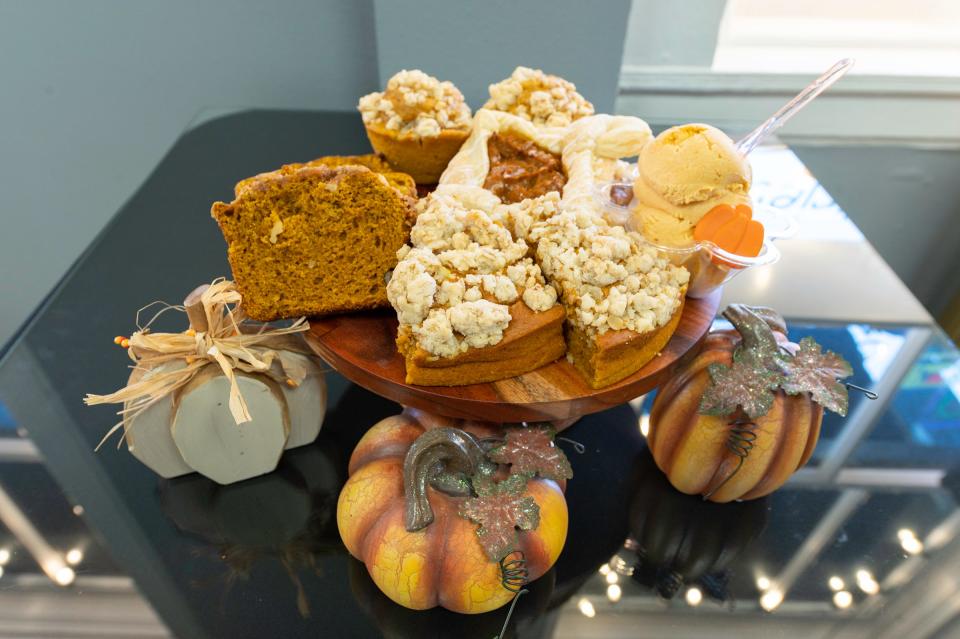 Fall treats available at Little Bite of Heaven include pumpkin coffee cake, pumpkin turnovers, pumpkin muffins and pumpkin gelato.