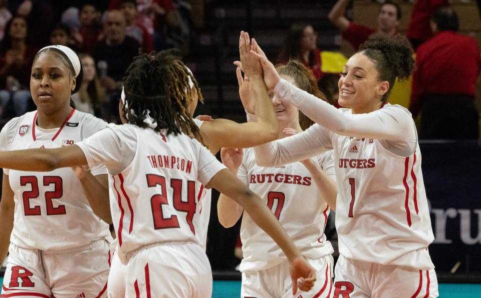 Rutgers Destiny Adams congratulates a team mate on a good shot. Rutgers Women’s Basketball falls to Penn State in Piscataway NJ. on January 14, 2024.