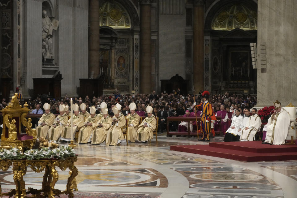 Pope Francis presides over Christmas Eve Mass, at St. Peter's Basilica at the Vatican, Saturday Dec. 24, 2022. (AP Photo/Gregorio Borgia)