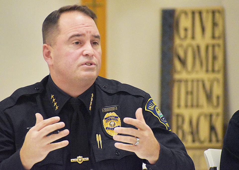 Fall River Police Chief Paul Gauvin speaks at a neighborhood meeting in 2023.