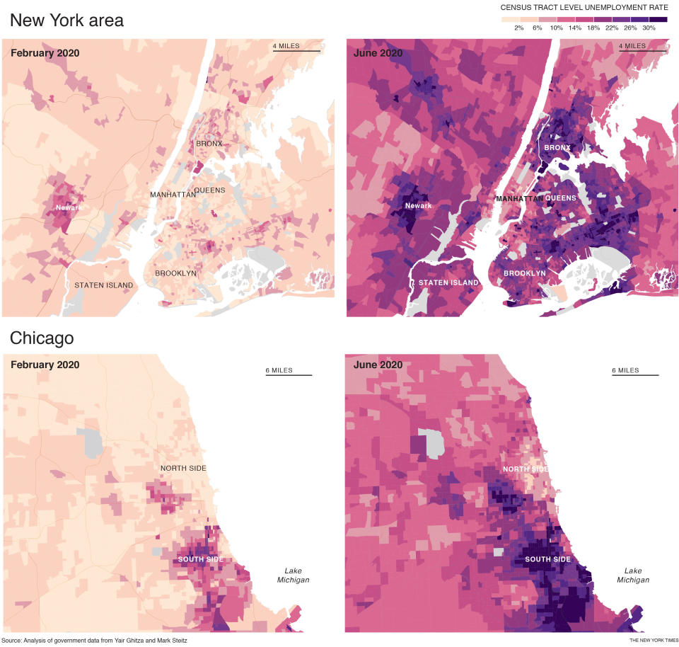 Las consecuencias del coronavirus son muy notorias en zonas como el centro de Manhattan. Pero algunos de los peores problemas económicos se presentan en otros vecindarios, en los lugares donde vive la mayoría de los trabajadores que han sufrido la pérdida de sus empleos.  