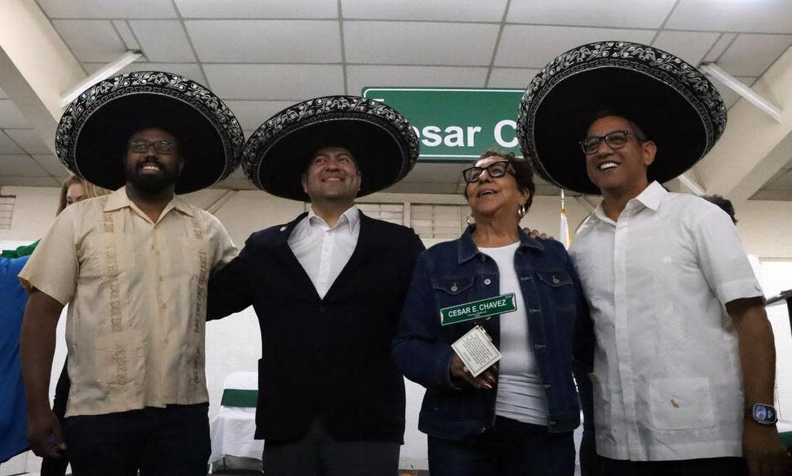 Fresno City Councilmembers Nelson Esparza, Luis Chávez and Miguel Arias join Centro La Familia leader Margarita Rocha for a photo at the celebration of the renaming of Kings Canyon and two other streets in honor of farmworker icon César E. Chávez. The celebration took place at the Fresno fairgrounds on June 10, 2023.