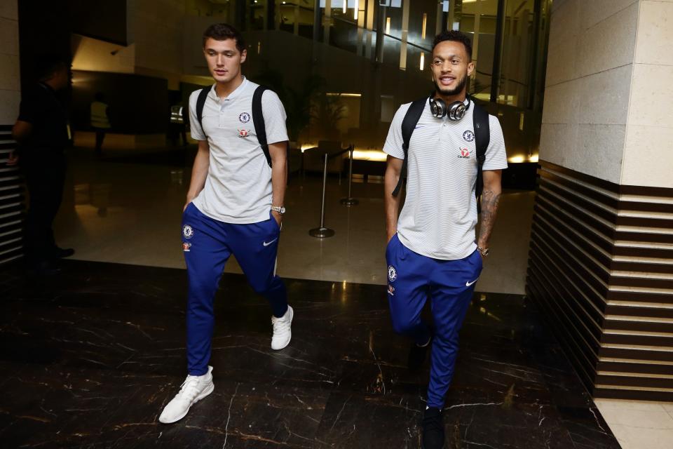 <p>Andreas Christensen and Lewis Baker of Chelsea FC arrive at Jet Quay Private Terminal ahead of the International Champions Cup on July 23, 2017 in Singapore. </p>