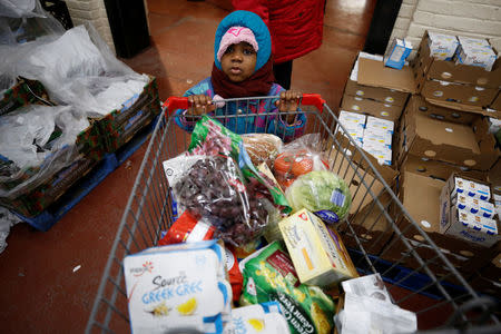 Four-year-old Nigerian refugee claimant Nifemi Ogunyemi hangs onto a grocery cart while shopping with her parents at the Welcome Hall Mission food bank in Montreal, Quebec, Canada, February 13, 2018. REUTERS/Chris Wattie