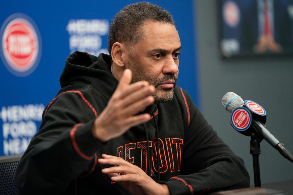 Detroit Pistons general manager Troy Weaver holds a news conference a day after the trade deadline at the Pistons Performance Center on Friday, Feb. 9, 2024.