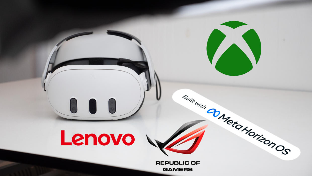  The Quest 3 sitting next to logos for ASUS ROG, Xbox, and Lenovo, along with a "Made with Meta Horizon OS" label. 