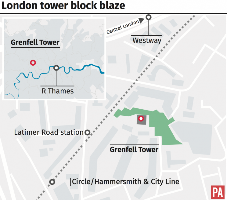 Graphic: The location of the massive block fire in West London. (PA)