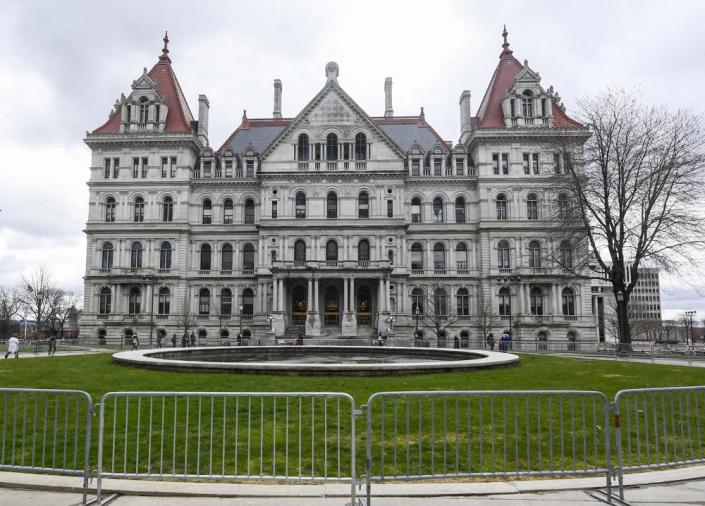 View of the the New York state Capitol, Friday, April 8, 2022, in Albany, N.Y. (AP Photo/Hans Pennink)