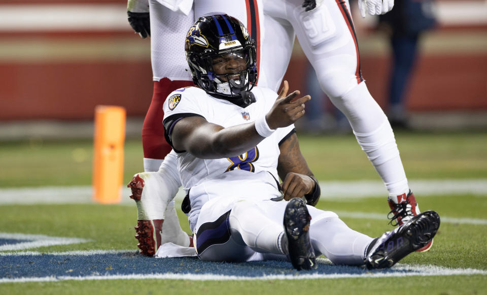 SANTA CLARA, CA - DECEMBER 25: Lamar Jackson #8 of the Baltimore Ravens reacts after being called for a safety during the game against the San Francisco 49ers at Levi's Stadium on December 25, 2023 in Santa Clara, California. The Ravens defeated the 49ers 33-19. (Photo by Michael Zagaris/San Francisco 49ers/Getty Images)
