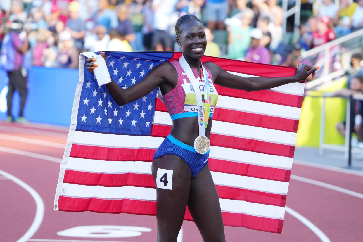 Jul 24, 2022; Eugene, Oregon, USA; Athing Mu (USA) celebrates after winning the women’s 800m final during the World Athletics Championships Oregon 22 at Hayward Field. Mandatory Credit: Kirby Lee-USA TODAY Sports