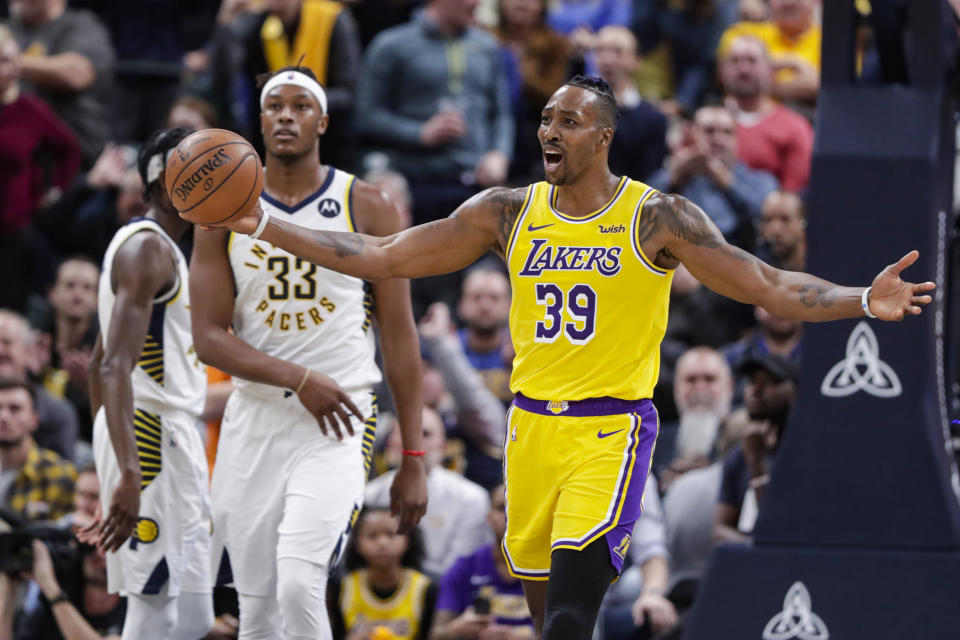 Los Angeles Lakers center Dwight Howard (39) questions a call during the second half of an NBA basketball game against the Indiana Pacers in Indianapolis, Tuesday, Dec. 17, 2019. The Pacers defeated the Lakers 105-102. (AP Photo/Michael Conroy)