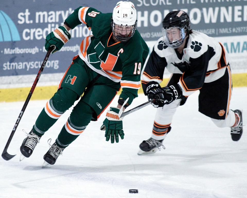 Hopkinton’s Wyatt Iantosca (19) tries to turn on Marlborough’s Chauncey Guenard (right) during the Daily News Cup championships at the New England Sports Center in Marlborough.