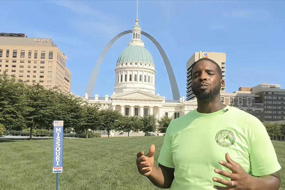 In this image from video, Reuben Gill of Missouri speaks during the state roll call vote on second night of the Democratic National Convention on Tuesday.