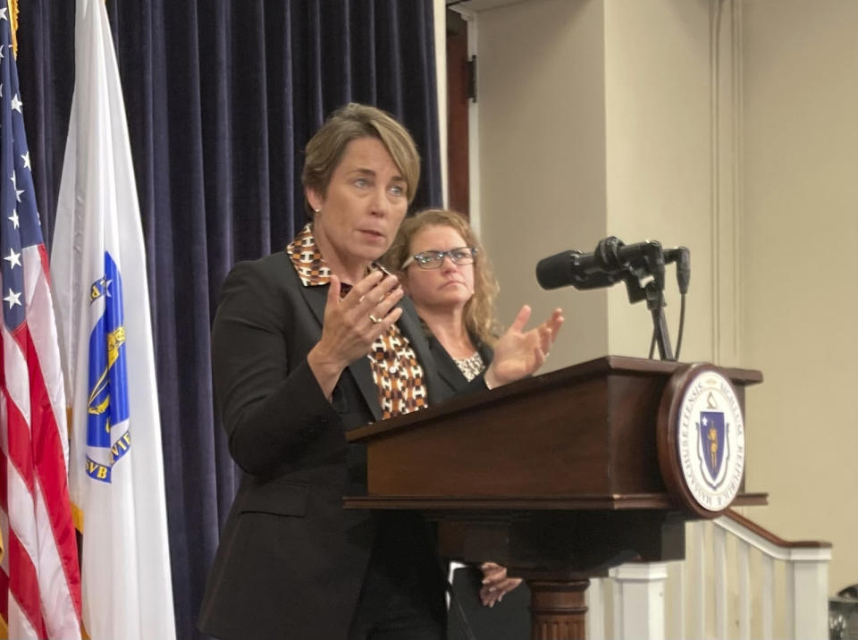 Massachusetts Gov. Maura Healey declared a state of emergency and asked the Federal Emergency Management Agency to issue a pre-disaster emergency declaration, on Friday, Sept. 15, 2023, in Boston. She also activated up to 50 National Guard members to help with storm preparations. She was joined at the Massachusetts Statehouse by Massachusetts Emergency Management Agency Director Dawn Brantley. (AP Photo/Steve LeBlanc)