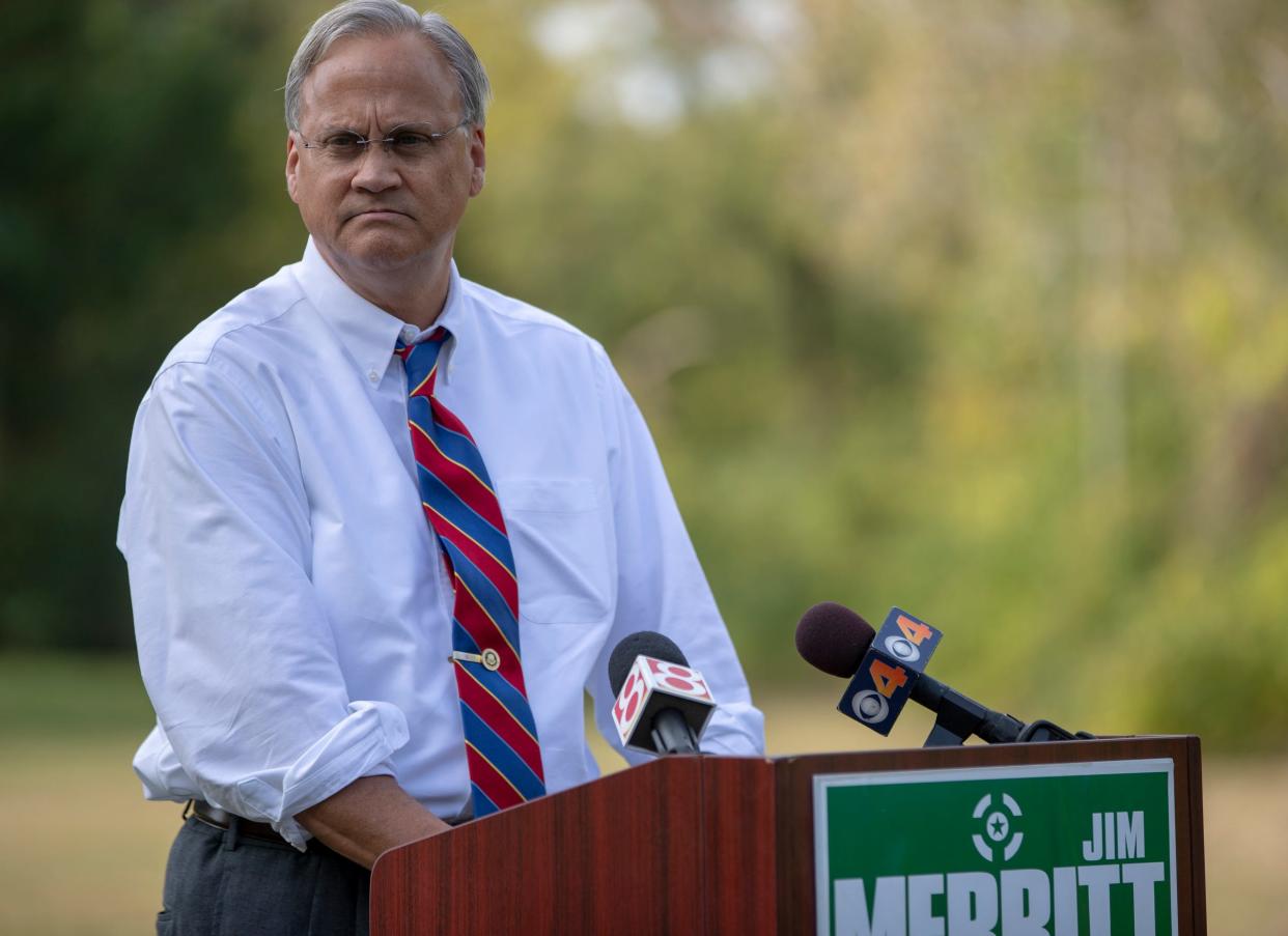 Jim Merritt, who's running to be Indy's next mayor, gives a press conference to talk about his desire to have Bill Benjamin be the next IMPD police chief, Indianapolis, Thursday, Oct. 10, 2019. Benjamin was not in attendance, and Merritt indicated the longtime police officer would make an announcement next week. 