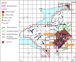 Property configuration, locations of known Mineralized Zones, gold-in-soil results, regional interpreted structures, and proposed soil sample lines on the Startrek Gold Project, Newfoundland.In the south end of the Property, a further series of northwest-trending lines cover license 027282M. These samples more than cover the small work requirement on that Property and look to define mineralization around sample 235662 that reported 558 ppb Au in epithermal textured float.