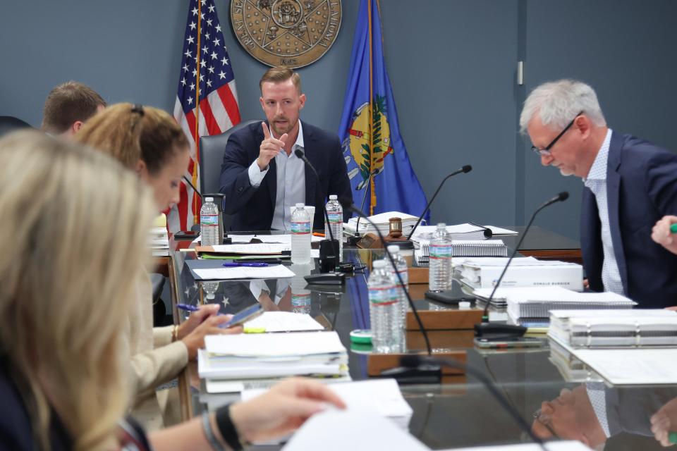 Oklahoma state schools Superintendent Ryan Walters speaks during an Oklahoma State Board of Education meeting, Thursday, Aug. 24, 2023.