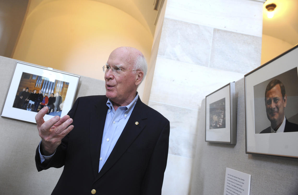 Sen. Pat Leahy, D-Vt., during an exhibit in the Russell rotunda in July 2008 showcasing his photos from over three decades of senatorial service. (Tom Williams / CQ-Roll Call Inc. via Getty Images)