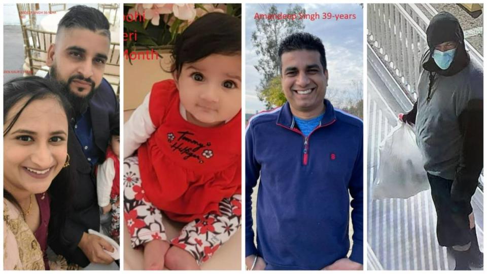 Sheriff’s investigators believe the person on the far right is responsible for kidnapping 8-month Aroohi Dheri, the child’s mother 27-year-old Jasleen Kaur, father Jasdeep Singh, 36, and uncle Amandeep Singh, 39, (second from right).