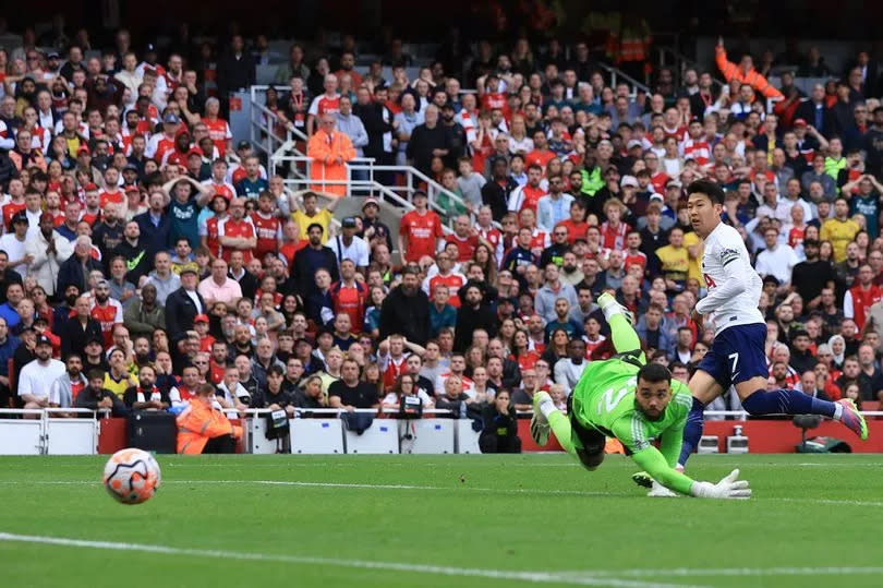 Son Heung-min of Tottenham Hotspur equalises moments after Bukayo Saka gave Gunners the lead from a penalty.
