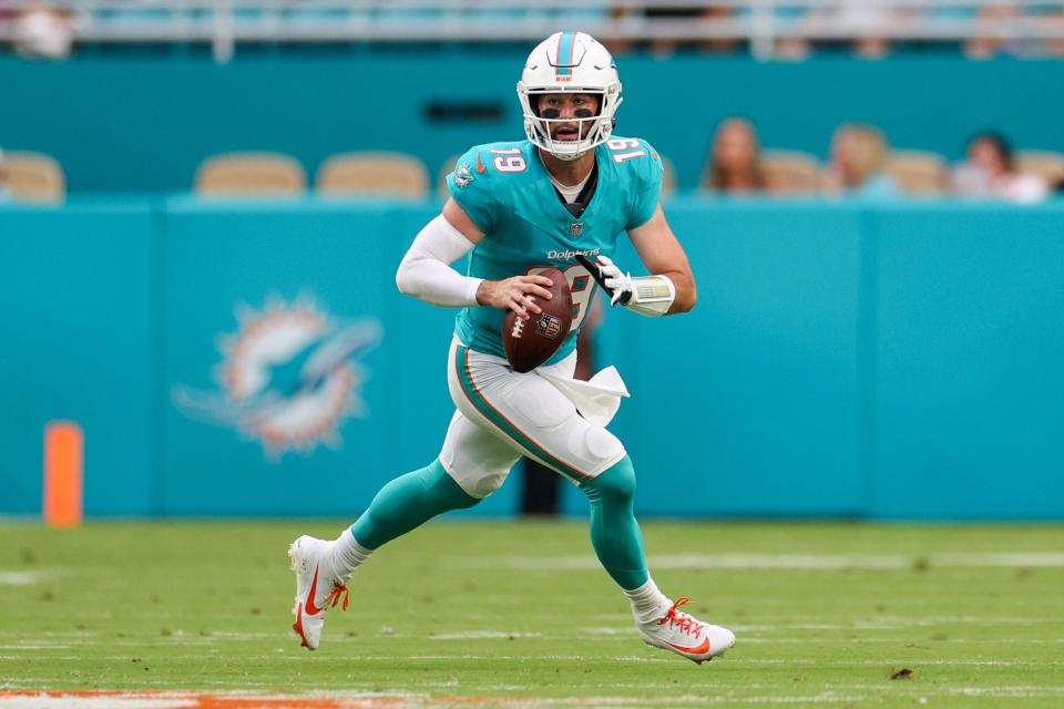 Aug 9, 2024; Miami Gardens, Florida, USA; Miami Dolphins quarterback Skylar Thompson (19) drops back to pass against the Atlanta Falcons in the first quarter during preseason at Hard Rock Stadium. Mandatory Credit: Nathan Ray Seebeck-USA TODAY Sports