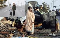 This combo shows a photo of Yuko Sugimoto wrapped with a blanket standing in front of debris looking for her son in the tsunami-hit town of Ishinomaki in Miyagi Prefecture on March 13, 2011 (L) and the same housewife standing with her five-year-old son Raito at the same place on January 27, 2012 (R). March 11, 2012 will mark the first anniversary of the massive tsunami that pummelled Japan, claiming more than 19,000 lives. AFP PHOTO / YOMIURI SHIMBNUN (L) AFP PHOTO / Toru YAMANAKA (R)