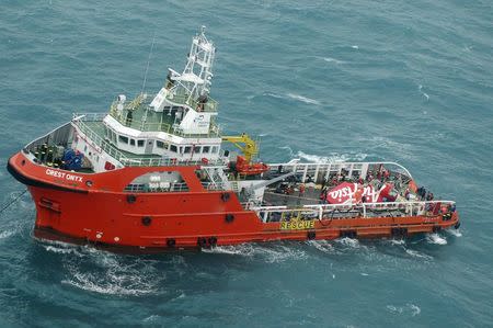 The tail of AirAsia QZ8501 passenger plane is seen on the deck of a the Indonesian Search and Rescue (BASARNAS) ship Crest Onyx after it was lifted from the sea bed, south of Pangkalan Bun, Central Kalimantan January 10, 2015. REUTERS/Suharso/Pool