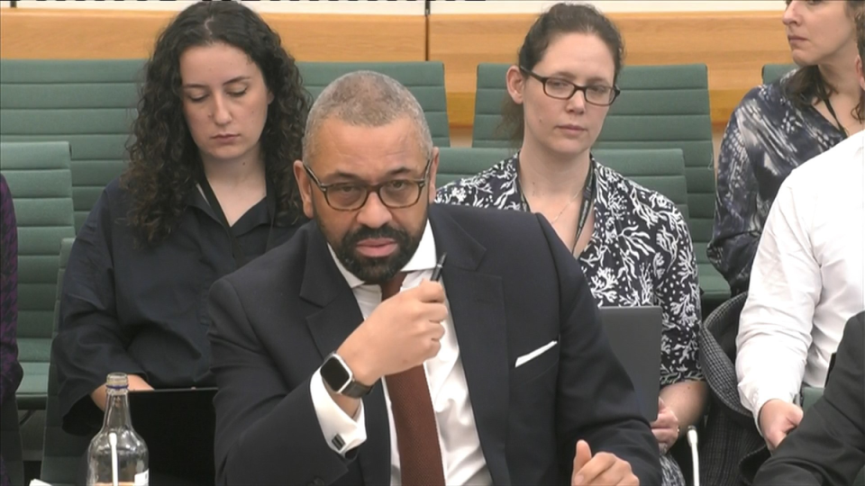 Home Secretary James Cleverly giving evidence to the home affairs committee at the House of Commons onWednesday January 31, 2024 (House of Commons/PA Wire)