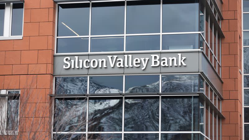 The sign of Silicon Valley Bank is photographed in Cottonwood Heights on March 10, 2023.