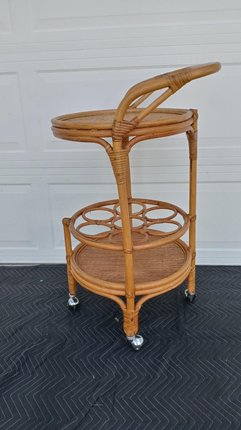 Vintage Mid Century Bamboo Bar Cart On Wheels