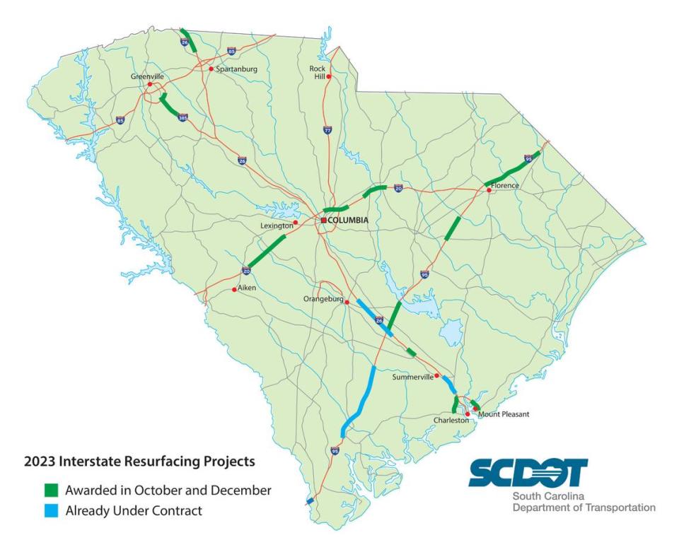 A map that shows where planned interstate highway repaving will take place in South Carolina.