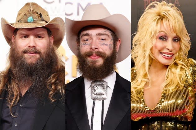 Chris Stapleton and Dolly Parton are among the guests joining Post Malone on his country album 'F-1 Trillion.' - Credit: Christopher Polk/Variety/Getty Images; Taylor Hill/WireImage;