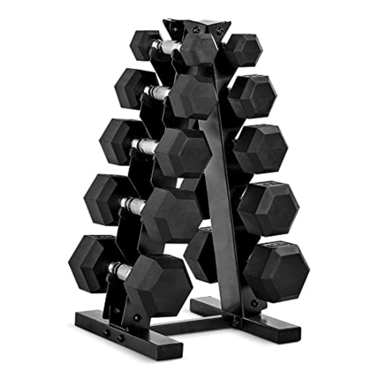 CAP Barbell 150 LB Coated Hex Dumbbell Weight Set with Vertical Rack, Black, New Edition (AMAZON)