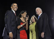 President-elect Barack Obama and his wife, Michelle, left, and Vice President-elect Joe Biden and his wife, Jill, celebrate after Obama's acceptance speech at the election night rally in Chicago, Tuesday, Nov. 4, 2008. (AP Photo/Jae C. Hong)