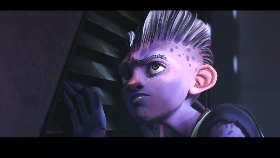 A blue, spotted-skinned, tall-haired alien teenager listens to a vent.