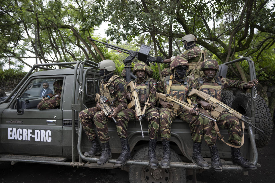 Members of the Kenya Defence Forces (KDF) deployed as part of the East African Community Regional Force (EACRF) ride in a vehicle in Goma, in eastern Congo Wednesday, Nov. 16, 2022. Elections, coups, disease outbreaks and extreme weather are some of the main events that occurred across Africa in 2022. Experts say the climate crisis is hitting Africa “first and hardest.” Kevin Mugenya, a senior food security advisor for Mercy Corps said the continent of 54 countries and 1.3 billion people is facing “a catastrophic global food crisis” that “will worsen if actors do not act quickly.” (AP Photo/Ben Curtis)