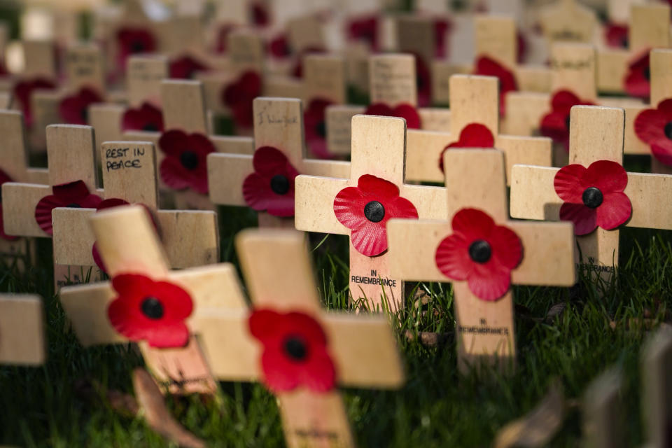 Crosses with poppies are placed in Princes Street Gardens, at the bottom of the Scott Monument, in Edinburgh, Scotland, Sunday, Nov. 7, 2021. (AP Photo/Alberto Pezzali)