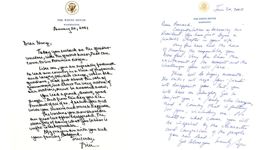 Left, the letter from Bill Clinton to George W. Bush and right, the subsequent letter to incoming president Barack Obama. Source: Presidential libraries 
