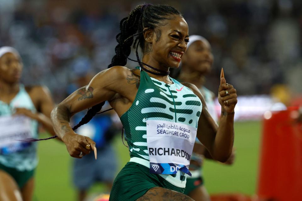 USA's Sha'Carri Richardson competes in the women's 100m final during the IAAF Diamond League competition on Friday in Doha. (Photo by KARIM JAAFAR/AFP via Getty Images)