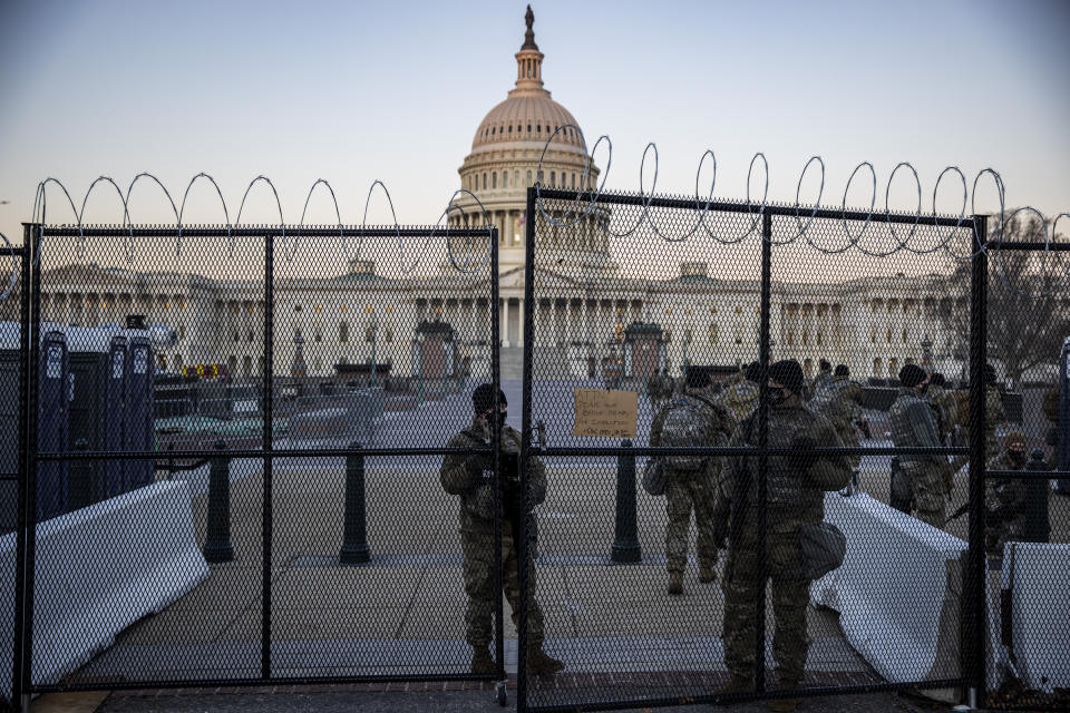 National Guard members are seen standing before the U.S. Capitol on February 8 as Trump faced a single article of impeachment that accused him of incitement of insurrection. (Photo: Tasos Katopodis via Getty Images)