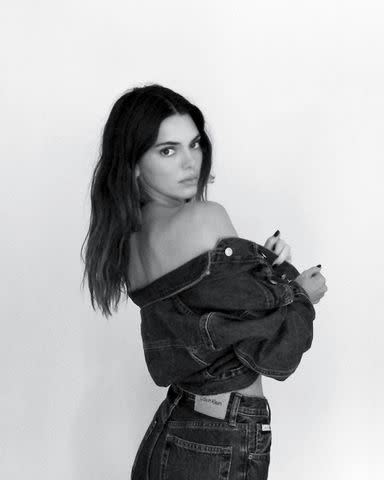 Kendall Jenner poses in a tiny velvet bra and a denim jacket for