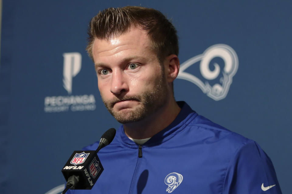 Los Angeles Rams coach Sean McVay speaks at a news conference after the Rams lost to the San Francisco 49ers in an NFL football game in Santa Clara, Calif., Saturday, Dec. 21, 2019. (AP Photo/John Hefti)