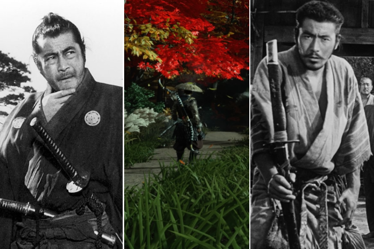 Left: Yojimbo. Middle: Ghost of Tsushima. Right: Seven Samurai: Kurosawa Production Co. / Sucker Punch / Toho Company