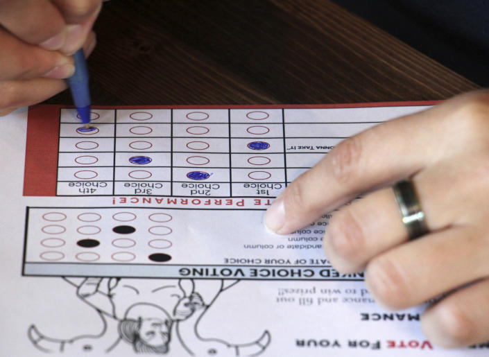 This July 28, 2022, photo shows a person completing a ballot in a mock election at Cafecito Bonito in Anchorage, Alaska, where people ranked the performances by drag performers. Several organizations are using different methods to teach Alaskans about ranked choice voting, which will be used in the upcoming special U.S. House election. (AP Photo/Mark Thiessen)