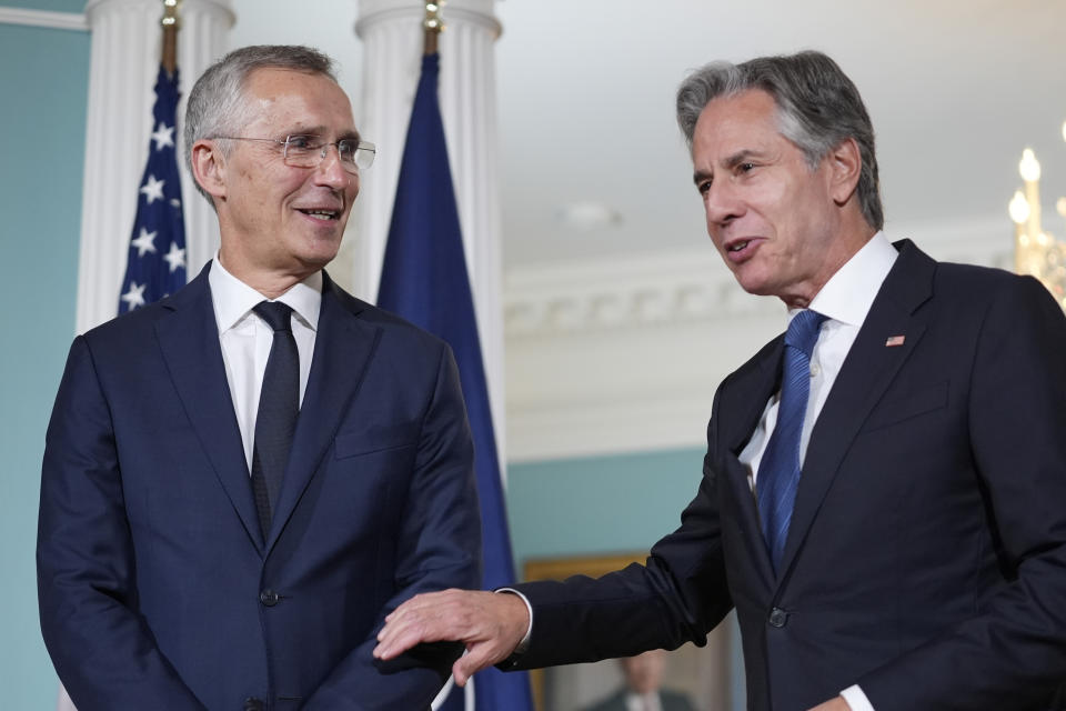 Secretary of State Antony Blinken, right, speaks with NATO Secretary General Jens Stoltenberg during a meeting, Tuesday, July 9, 2024, at the State Department in Washington. (AP Photo/Stephanie Scarbrough)