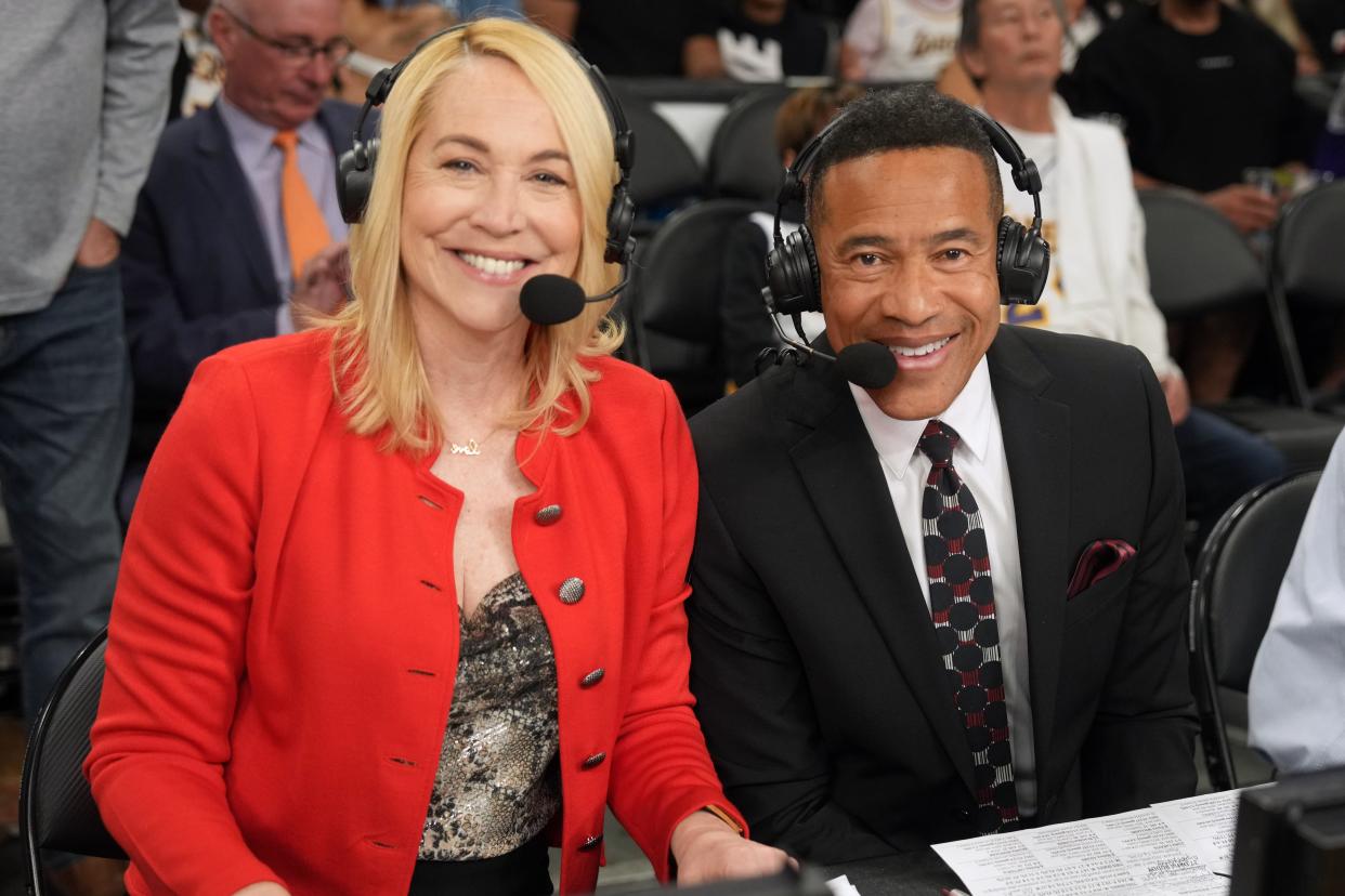 Apr 22, 2023; Los Angeles, California, USA; ESPN analyst Doris Burke (left) and play-by-play announcer Mark Jones pose during game three of the 2023 NBA playoffs between the Los Angeles Lakers and the Memphis Grizzlies at Crypto.com Arena. Mandatory Credit: Kirby Lee-USA TODAY Sports